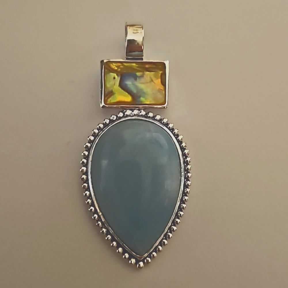 Vintage Estate Roman Signed Abalone &‎ Blue Gypsum Pendant